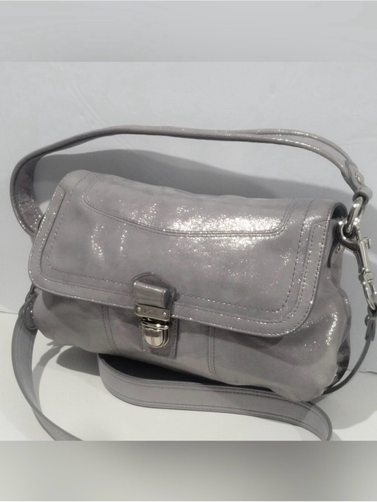 Coach Handbags - Coach Poppy Layla shimmery leather shoulder bag with a push-lock closure.